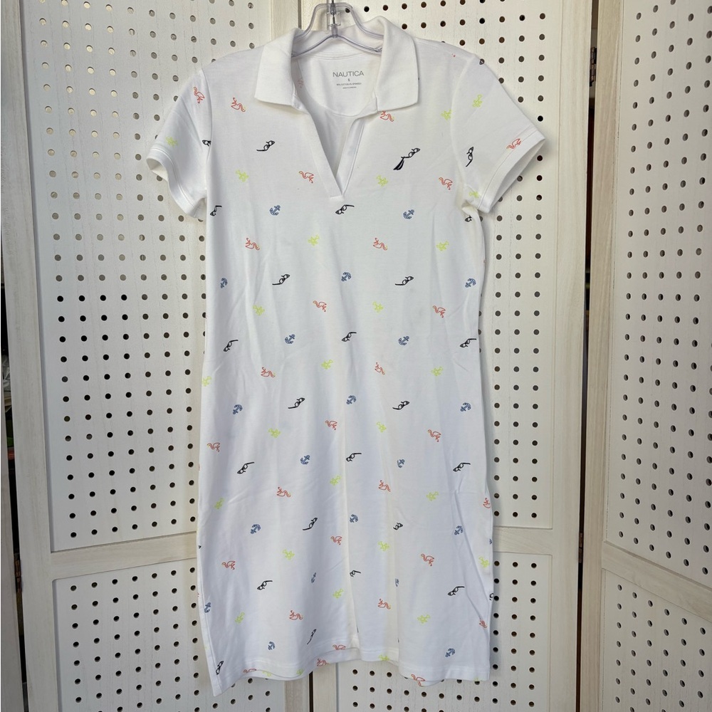 Nautica White Dress with Multicolor Fish Pattern